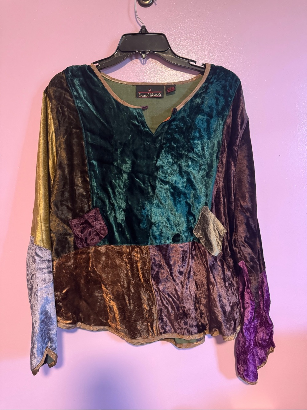 Patchwork Velvet Long Sleeve Top - Teal Multi